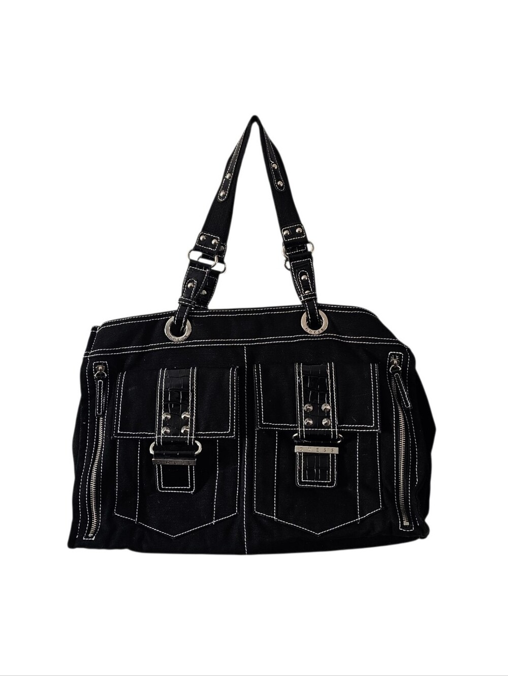 Vintage GUESS Y2K Black Denim Shoulder Bag Contrast Stitch Cargo Buckle Grunge